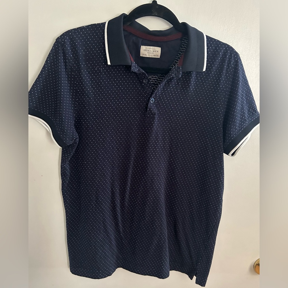 Sferra Mens Medium Slim Fit Polo Shirt Blue White Micro Dot Pattern Short Sleeve